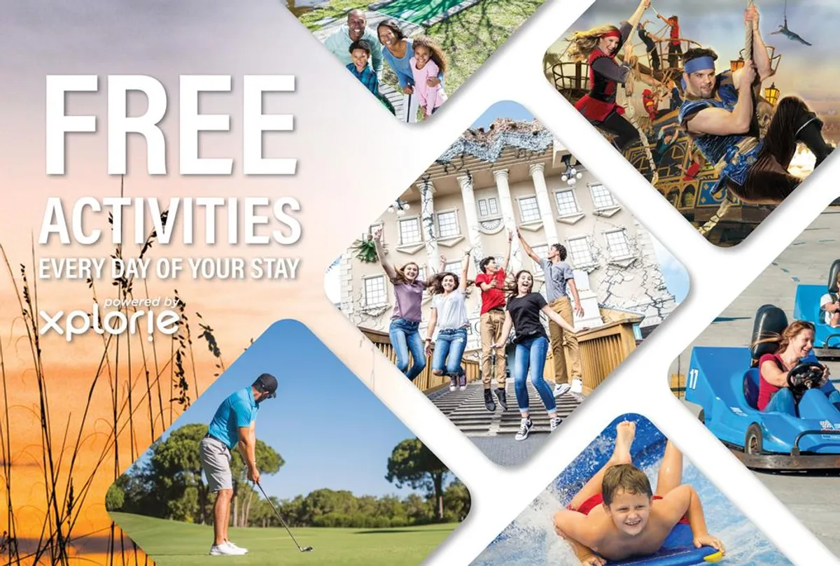 A vibrant collage-style image shows groups of people partaking in a variety of activities, from golfing and amusement rides to family fun by water. The text 'FREE ACTIVITIES' is boldly displayed, visually emphasizing complimentary access to top local attractions.