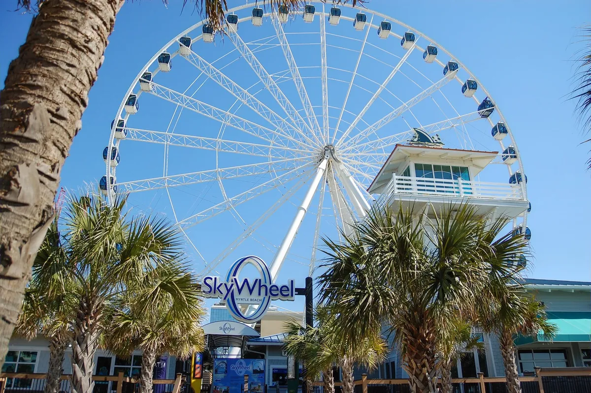 The SkyWheel stands tall against a blue sky, flanked by palm trees and a lively ticket booth. Families and groups prepare to enjoy the panoramic views, capturing the thrill and anticipation of the famous ferris wheel ride.
